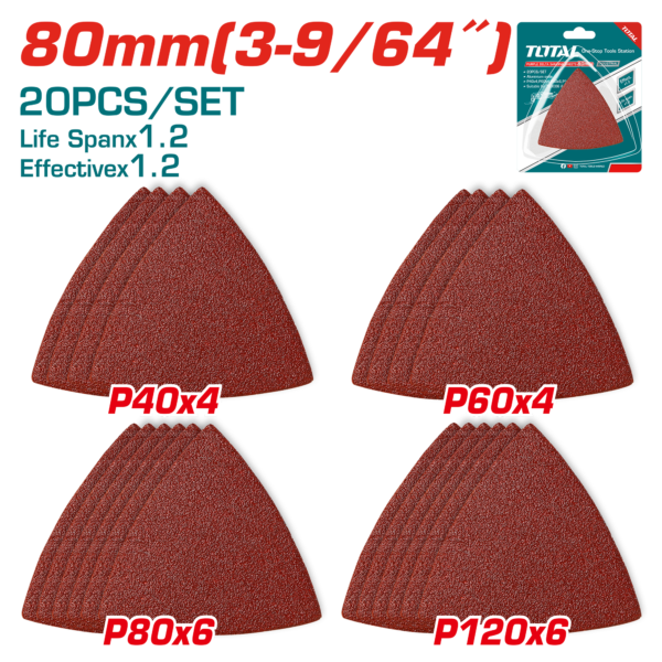 Juego de Lijas Delta 80mm 20 pzas P40x4 P60x4 P80x6 P120x6