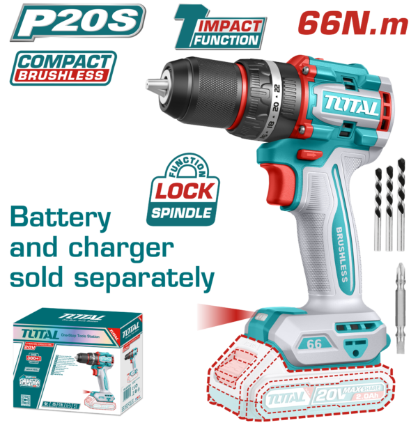 Taladro Inalámbrico Compacto 20V, 0-500/0-2000rpm  66 Nm