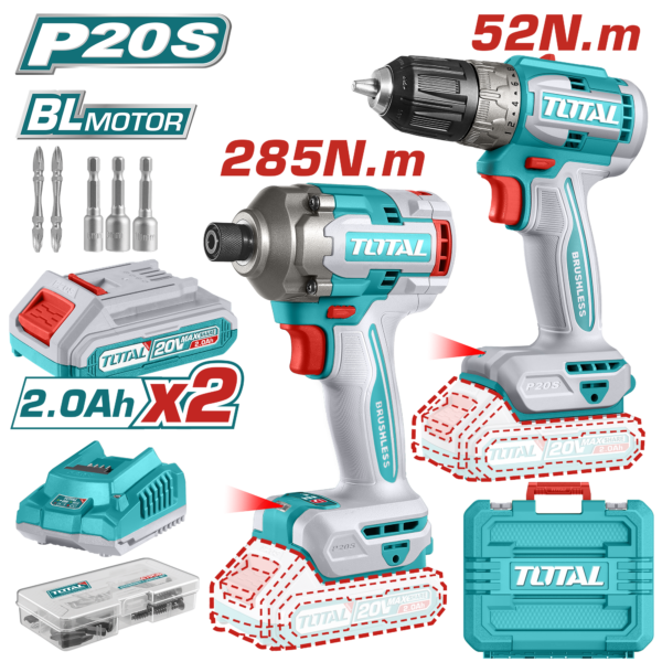 Juego de Taladro Inalámbrico 20V 0-550/0-2000rpm 52 Nm 2 Pzas c/Accesorios